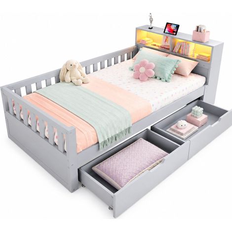 Canapé-lit multifonction 90 x 200 cm avec rangements, LED, prises USB-C et barrières de sécurité, bois gris, idéal chambre ou invités - CHICFURN (1/5)