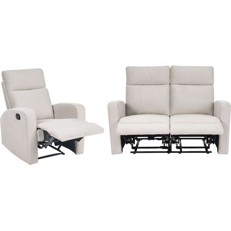 Manual Recliner Sofa Set Beige Velvet Upholstered 2 Seater Armchair Couch Modern Design Relax Function VERDAL (1/5)