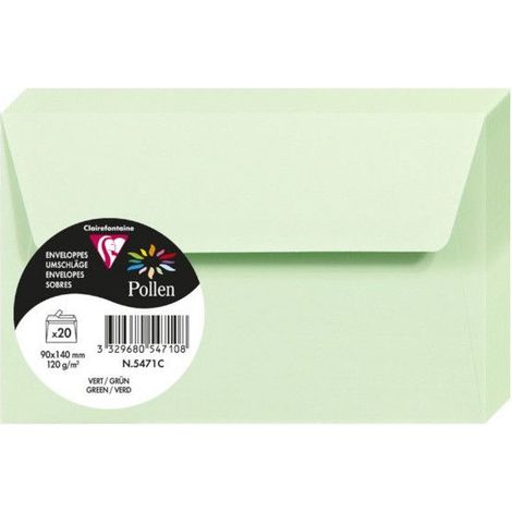 Enveloppes - Format rectangle - 90x140mm - Pollen - Vert - 20 unités - Clairefontaine
