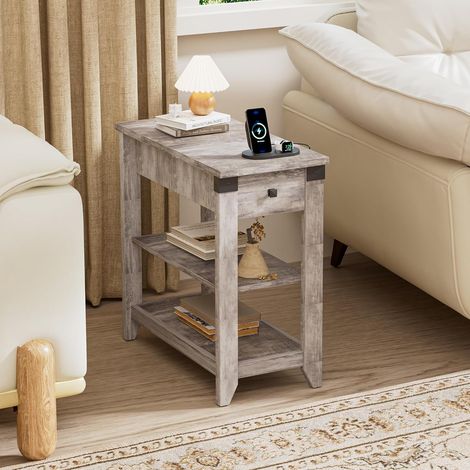 Table d'Appoint, Table de Chevet avec Fonction de Chargeur, Petite Table de Salon, Table Basse Étroite avec Plateau, 1 Tiroir, Gris (1/5)