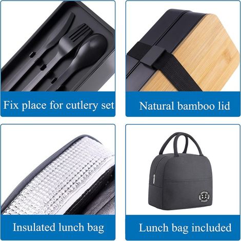Boîte à lunch à double compartiment, boîte à lunch imitation bois, compatible micro-ondes, grande capacité, idéale pour les étudiants et les employés de bureau (sac isotherme non inclus). (1/3)