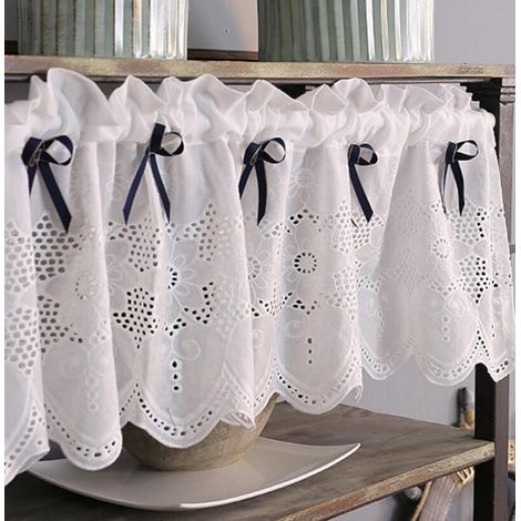 Rideau de Cuisine Court pour Petit Fenêtre Coton Blanc Brodé Dentelle Campagnard avec Nœud Bleu Foncé Rideau (1/4)