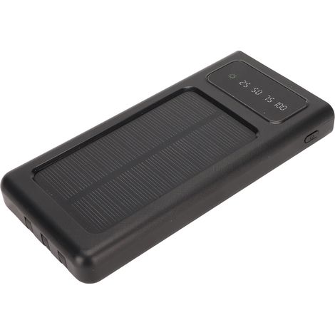Batterie externe solaire portable 20 000 mAh avec indicateur de charge, double port de sortie et lampe torche intégrée (noire). (1/4)