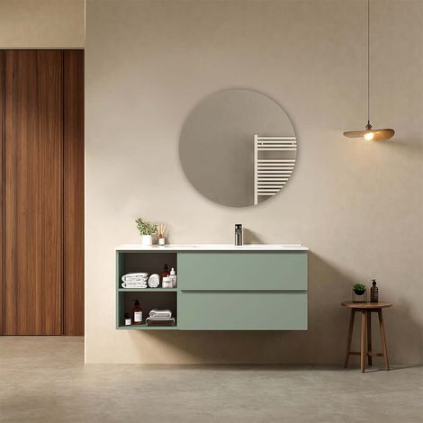 Mobile bagno sospeso 120 cm Verde Salvia Lavabo a Destra in Ceramica Specchio Tondo - Fiji Paint Plus (1/4)