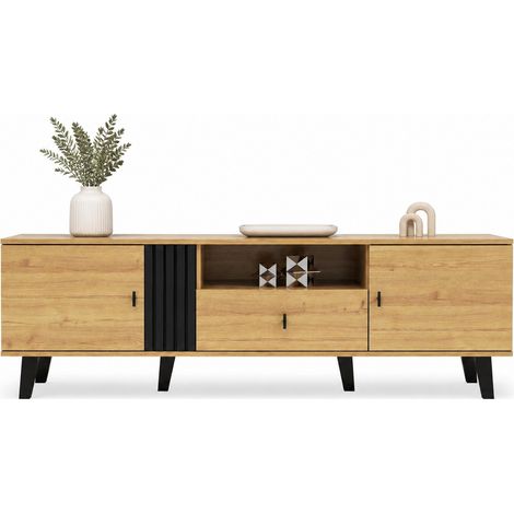 Mobile TV 170 cm in legno chiaro e nero con 2 ante, vano aperto e cassetto, design moderno con struttura in pannello truciolare e vetro CHICFURN (1/5)