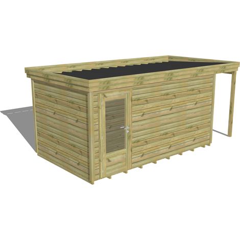 ABRI DE JARDIN bois Pin autoclave 27mm - 5,34x2,64m / 14,1m2 - Bac acier - Plancher bois