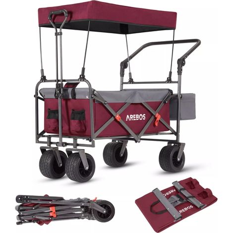 AREBOS Bollerwagen faltbar mit Dach Luxus Handwagen Faltwagen  Transportwagen XXL Tasche klappbar bis 100 kg Gerätewagen 360° Vorderräder Inklusive Tragetasche Rot