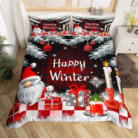 Housse de Couette Fille 140x200 Joyeux Noël, Parure de Lit Décorations pour Garçons Filles, Sets de Housses de Couettes Père Noël GNOME, Couvre Lit Flocon Rouge-Gris - 140x200cm + 1 Taie Oreiller 65x6 (1/5)