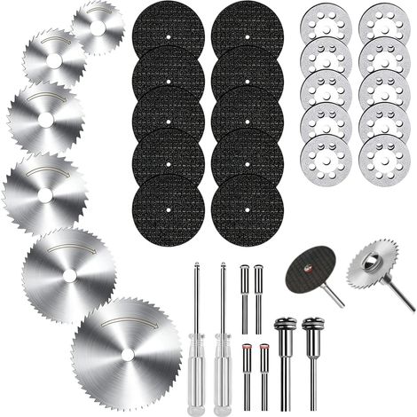 Lot de 34 Mini Disques à Tronçonner et à Découper – Disques diamant, lames HSS, disques en résine avec mandrin de 3 mm, tournevis inclus pour découpe de bois, métal, pierre, verre et bricolage (1/5)