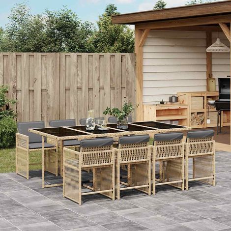 Ensemble repas de jardin 9 pièces avec coussins, résine tressée, mélange beige, table 220 x 106 cm - PANGIVO (1/5)
