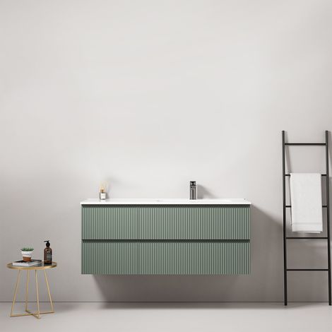 Mobile bagno sospeso cannettato 120 cm Verde Salvia Lavabo a Destra in Ceramica Senza Specchio - Fiji Paint (1/3)