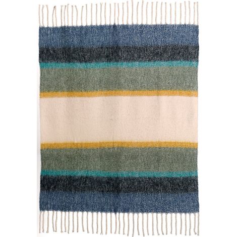 Plaid Douillet à Rayures en Polyester Recyclé Effet Mohair, Coloris Mousse, 130 x 160 cm - PANGIVO (1/3)