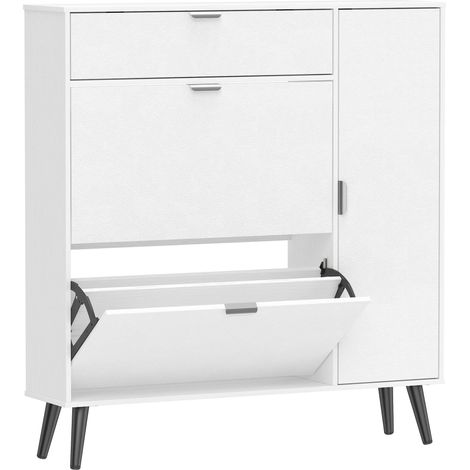 Slim Shoe Cabinet with 2 Flip Compartments, White MDF