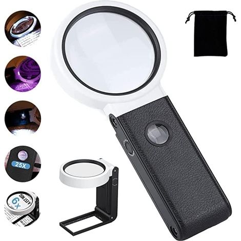 Loupe sur pied, loupe de bureau 6X 25X (avec support pliable), loupe de lecture, éclairage (1/5)