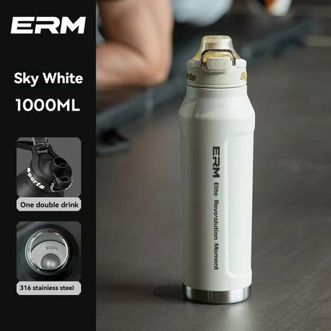 (Blanc, 1000 ml) Bouteille d'eau isotherme pour boissons chaudes et froides, en acier inoxydable à double paroi, avec poignée de transport, adaptée au sport et aux activités de plein air. (1/4)