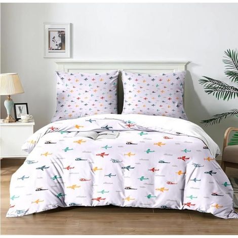 Housse de Couette avions et hélicoptères Enfant Microfibre Douce Set Lit 3 Pièces 2 Taies 65x65cm Thème Festif 140x200cm - DR0 (1/4)