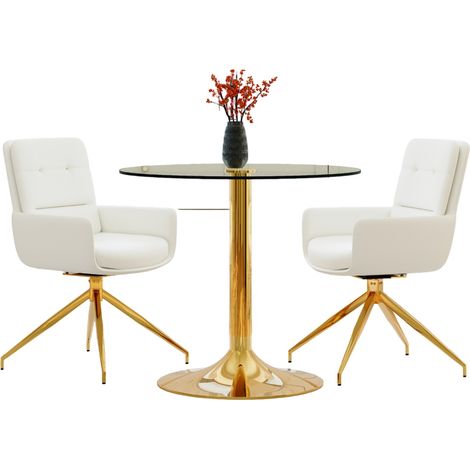 Ensemble table et chaises rondes en verre trempé transparent 85 cm avec 2 chaises pivotantes en cuir régénéré blanc et doré, design élégant pour salle à manger CHICFURN (1/5)