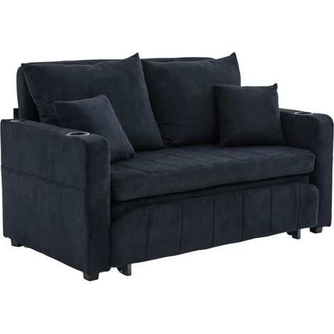Canapé convertible en tissu chenille noir avec rangement, ports USB et porte-gobelets, 139x83x58 cm (1/5)
