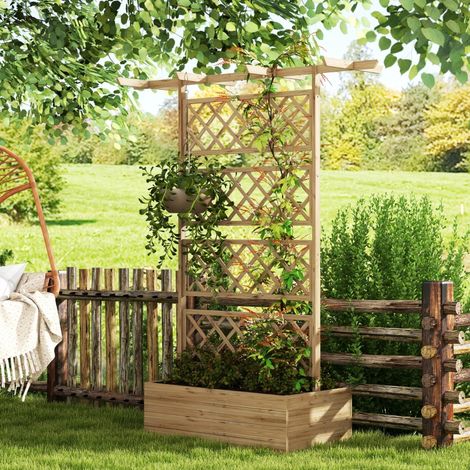Jardinière avec treillis bac à fleurs pour plantes grimpantes, légumes, fleurs - en effet bois naturel (1/5)
