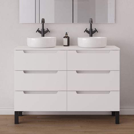 Meuble de salle de bain 140cm avec plateau et 2 vasques à poser rondes - 6 tiroirs - sans miroir - blanc mat - RIZA (1/5)