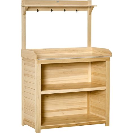 Garden Potting Bench Table, Wooden Workstation Bench w/ Galvanized Metal Tabletop, Storage Shelves and Hooks, Natural
