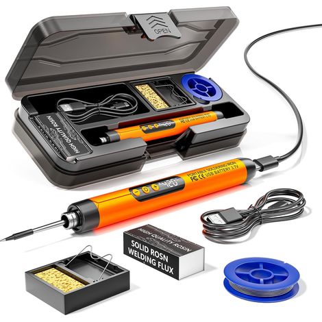 Fer à souder portable sans fil rechargeable par USB, température réglable sur 3 niveaux, élément chauffant, câble d'alimentation, colophane, support (1/5)