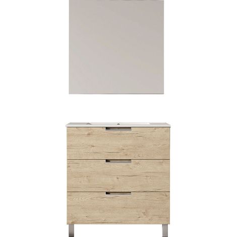 Kibath Mueble de baño con Lavabo, Espejo y Aplique LED VOLARE 80x45 cm acabado ROBLE mate 3 cajones con patas (1/5)