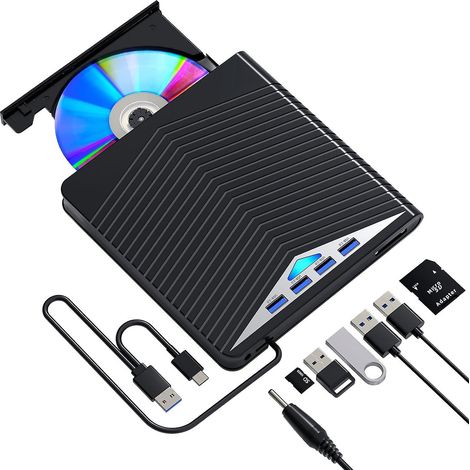 Externes CD/DVD-Laufwerk, optisches Laufwerk mit USB 3.0- und Typ-C-Anschluss, tragbarer CD/DVD/ROM-Brenner, kompatibel mit Laptops und Desktop-PCs unter Windows 10/8/7.