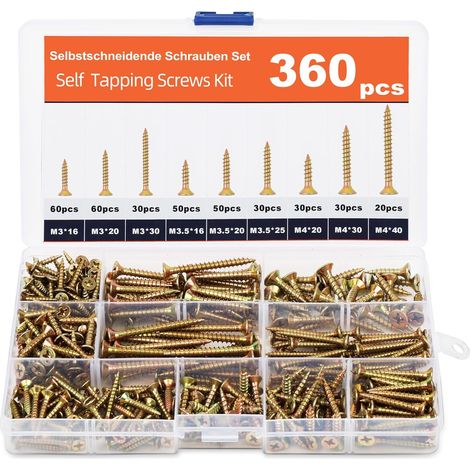 Vis à Bois Autotaraudeuses, Lot de 360 Vis à Bois Tête Fraisée Universelles, M3/M3.5/M4, 16mm-40mm, avec Boîte de Rangement en PP, pour Fenêtres, Terrasses, Toitures, Clôtures (1/5)