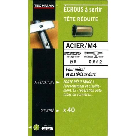 40 Tuercas de engaste de acero M4 con cabeza reducida TECHMAN