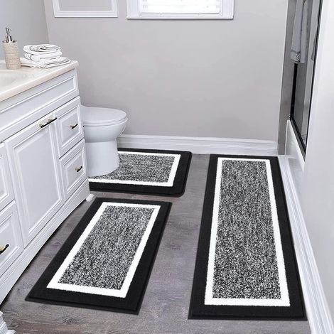 Juego de 3 alfombrillas de baño, alfombrillas de microfibra extrasuaves, antideslizantes y absorbentes, color negro. (1/5)