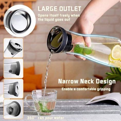 Carafe en Verre 1200ML, Pichet à Eau avec Couvercle Silicone, Service Maison, Thé Glacé, Lait, Café, Vin, Transparent, Noir. (1/4)