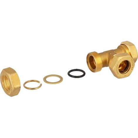 Raccordo a T intermedio 14x14x14 a compressione in ottone con anello di serraggio ed O-ring di tenuta, per tubo rame 120010H141414A