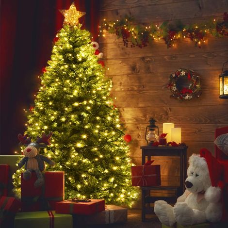 Goplus – Sapin de Noël artificiel lumineux 210 cm – LED 4 couleurs – 11 modes d’éclairage – Feuilles PVC – Socle fer – Ouverture parapluie