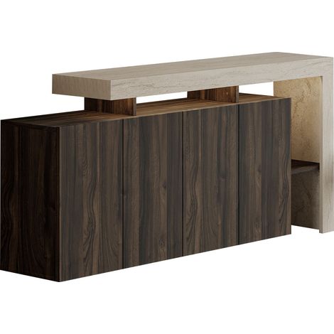 Habitat Et Jardin – Buffet en bois moderne Travertin et Noyer – Dimensions 170 x 80 x 35 cm – Éclairage LED inclus – Fixation murale et 3 étagères (1/4)