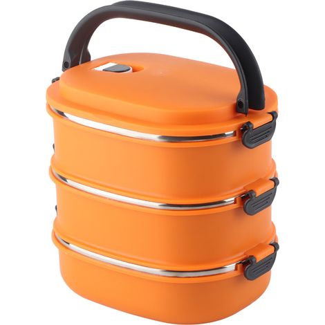 Dreistöckige Bento-Box aus Edelstahl, tragbare, isolierte Lunchbox für Büro und Schule, Orange (1/5)