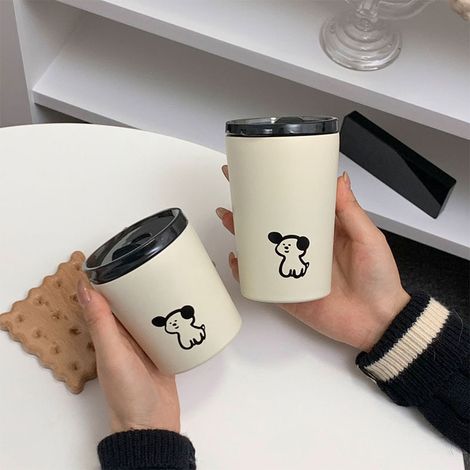 Koreanischer Becher aus mattiertem Edelstahl mit Deckel, niedliches Welpenmotiv, kleiner, kompakter Kaffeebecher für Paare und Frauen, 240 ml. (1/5)