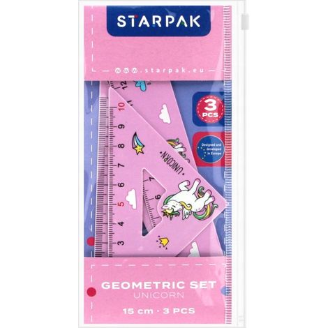 Set geometrico, 3 pezzi, righello da 15 cm e 2 squadre con motivo unicorno (1/2)