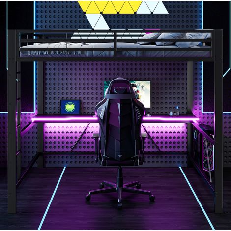 Letto a due piani 160/200 cm nero in metallo con scrivania, LED e ricarica USB (1/5)