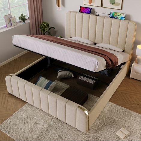 Lit double 140x200 cm beige en lin, avec sommier à lattes, coffre de rangement hydraulique et ports USB/Type-C (1/5)