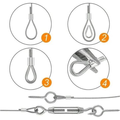Juego de cables de acero，Cable de acero recubierto de nailon de 30 m x 2 mm，Alambre de acero，ojales y fijaciones de acero inoxidable (1/4)