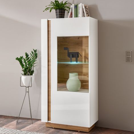 Vitrine LED-Highboard CELLE-61 in weiß Glanz mit Abs. Grandson-Oak Eiche Nb., B/H/T ca. 72/154/40 cm (1/5)