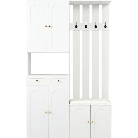 Ensemble de rangement d'entrée blanc avec banc, armoire à chaussures, 4 crochets, 6 portes et 2 tiroirs (110x180x37 cm) (1/5)