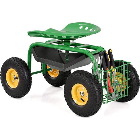 COSTWAY Gartensitz mit Rollen, 360 ° drehbar höhenverstellbar, Rollsitz mit Ablage & Korb, bis 150 kg breite Gummireifen, Gartenrollsitz für Gartenarbeit, Arbeitssitz Gartenwagen Metall(Grün) (1/5)