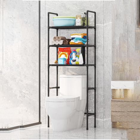 Étagère De Rangement Au-Dessus Des WC 3 Niveaux Structure En Acier Peint Et Tablettes En Plastique Noir 153 X 47,5 X 26 Cm