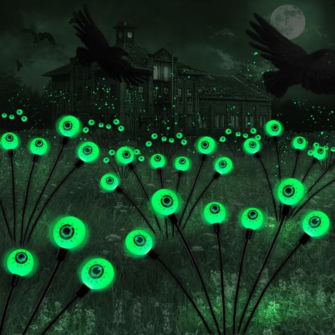 Lampes à piquet de jardin solaires œil d'Halloween, lot de 2 lampes à œil vert à 12 LED oscillantes extérieures, décorations lumineuses paysagères étanches à énergie solaire pour pelouse, cour, terras (1/5)