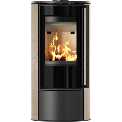 Kaminofen aus Stahl KRATKI ERIK Ø 150 5,5 kW dekorative Keramiken GOLD SATIN mit Türfeder (1/5)