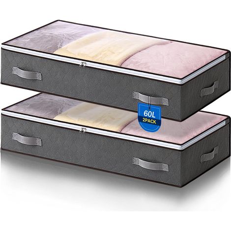 Lot de 2 Sacs de Rangement Sous Lit, Closet Organizer 60L Pliable Sac Souple Grande Capacité avec Fenêtre Transparente pour Rangement de Couette Vêtements, 80x50x15cm