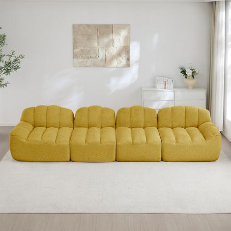 Canapé modulaire 4 places, canapé sans cadre, forme de coque, coussins d'assise profonds, aucun assemblage requis, velours, Jaune (1/5)