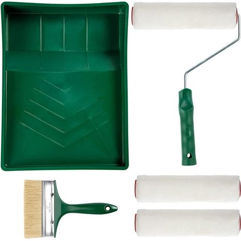 Malerset: 1 x 23 cm große, verstärkte Kunststoff-Farbrolle mit grünem Griff, 3 x weiße Mikrofaserpinsel, 1 x 23 cm große grüne Kunststoff-Farbschale, 1 x 15 cm großer grüner Pinsel (1/4)